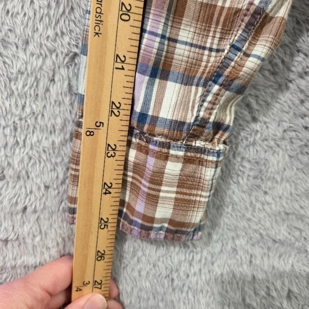 Fossil 54 Authentic Men's Small Vintage Fit Plaid Western Pearl Snap Shirt Brown